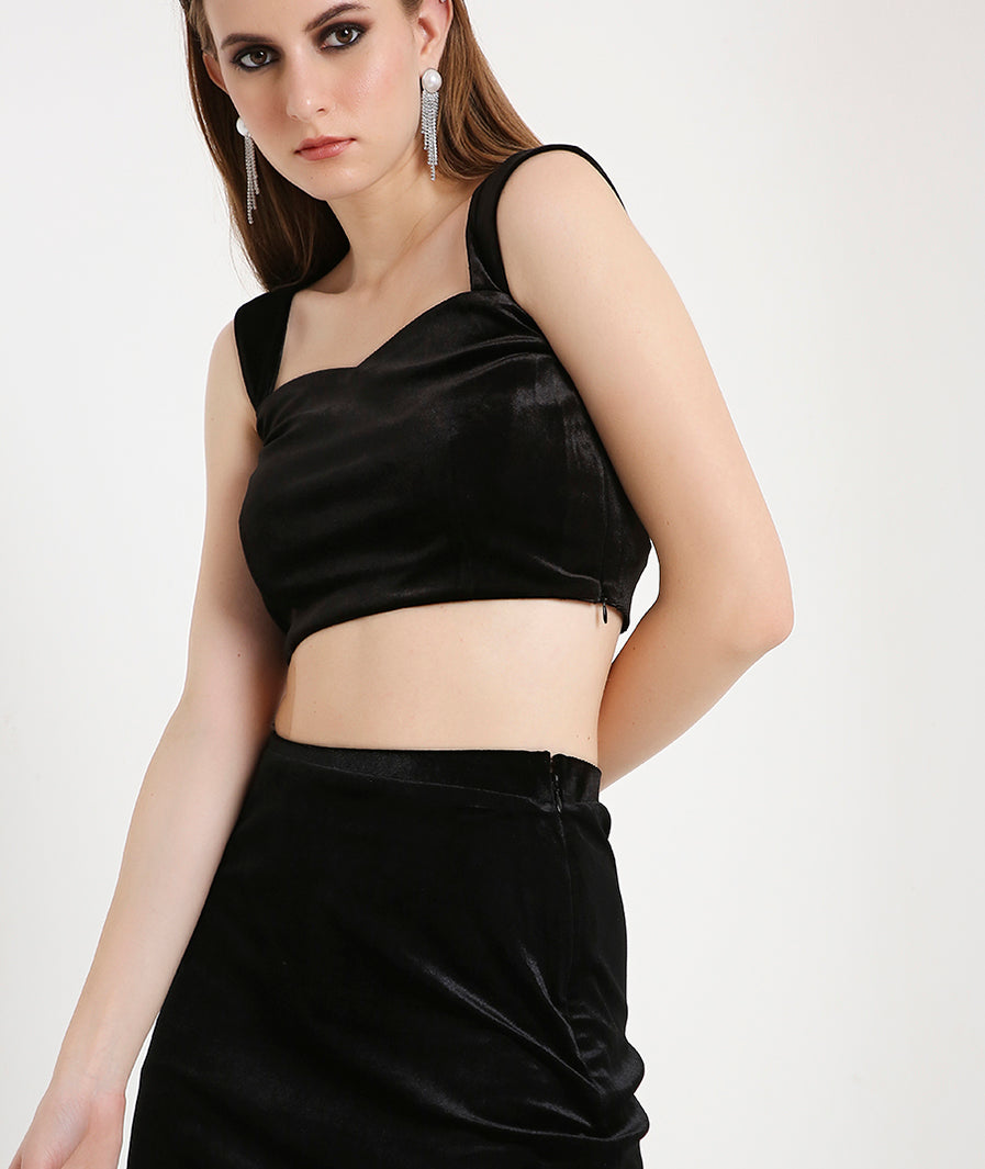 Velvet Crop Top with Broad Straps-Black